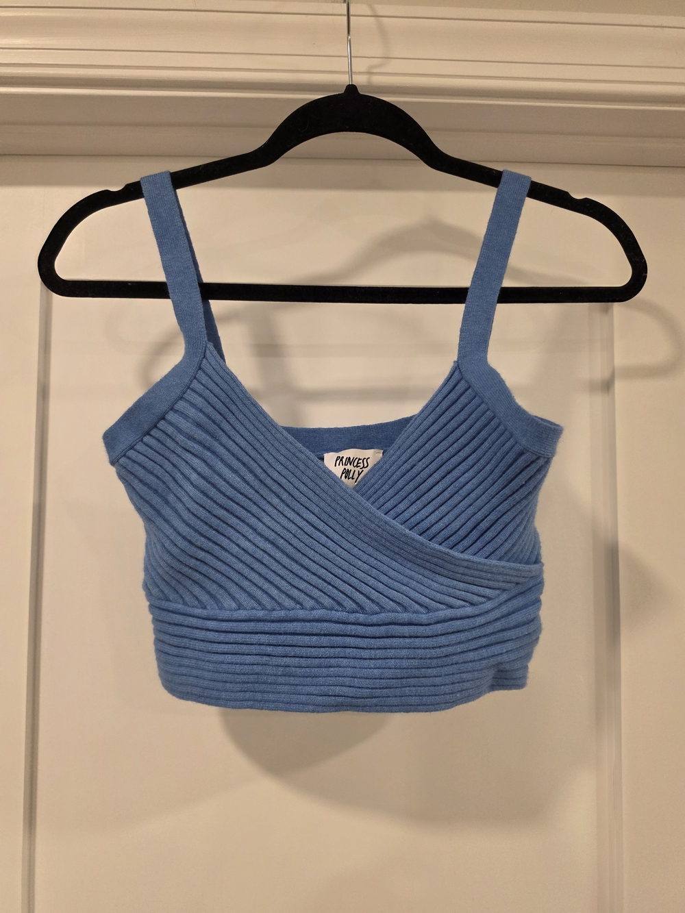 Princess Polly Sky Blue Ribbed Wrap Crop Top